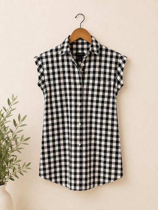 J crew Dresses & Skirts - J.Crew Gingham Shirt Dress Black White Button Front Cap Sleeve Cotton Size XXS